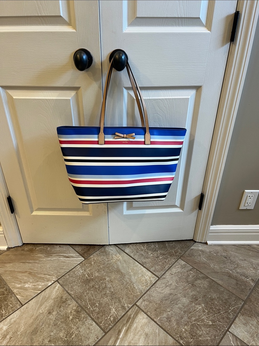 kate spade Striped Navy, Blue, Red and White Laptop Tote with Tan Handles